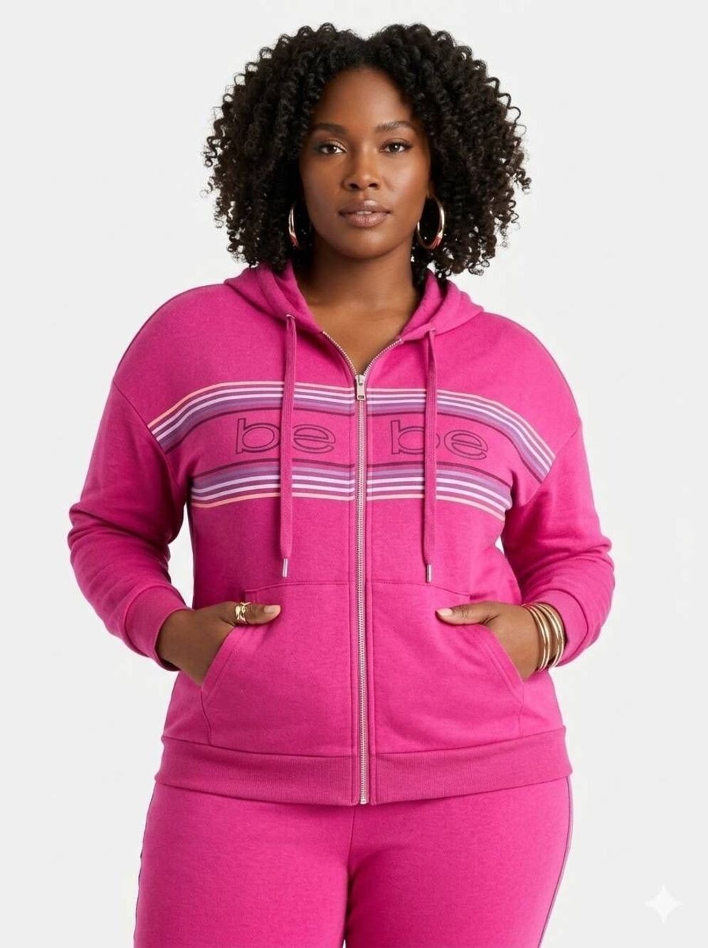 🔸️NWT Bebe Festival Fuchsia Stripe Logo Zippered Activewear Hoodie Size 1X